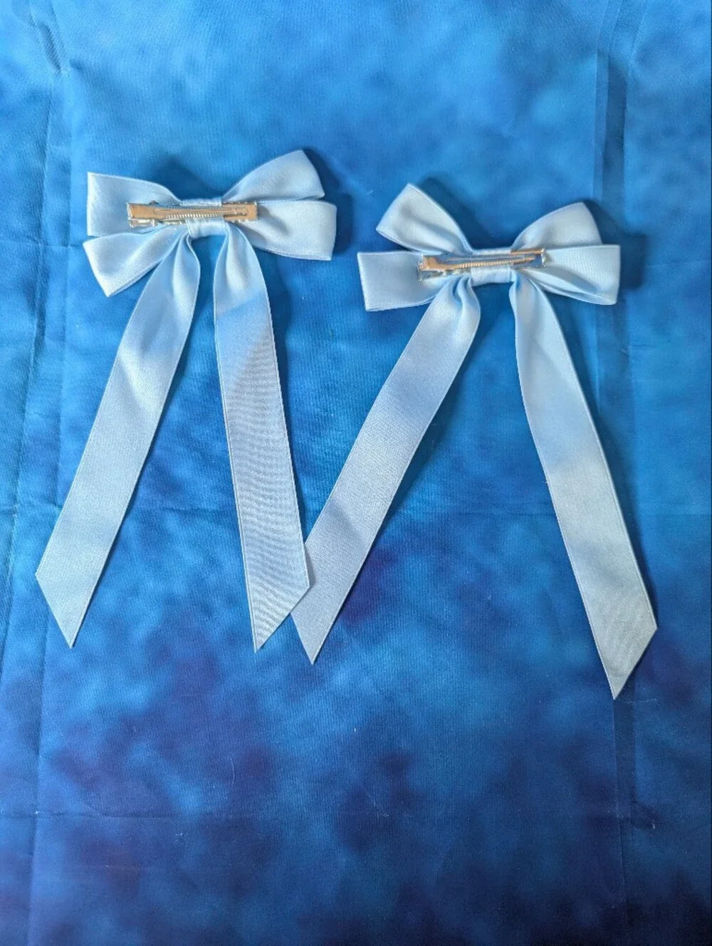 Double Layer Ribbon Bow Hair Accessory Set Of 2 Light Blue With Alligator Clip